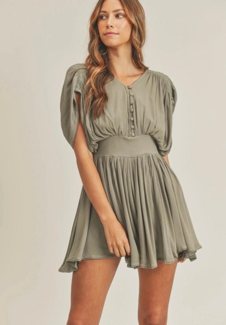 Mabel Olive Green Romper Small Cottagecore Peasant Flowy Button Up